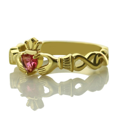 Ladies Modern Claddagh Rings With Birthstone Name Gold Plated - Handmade By AOL Special