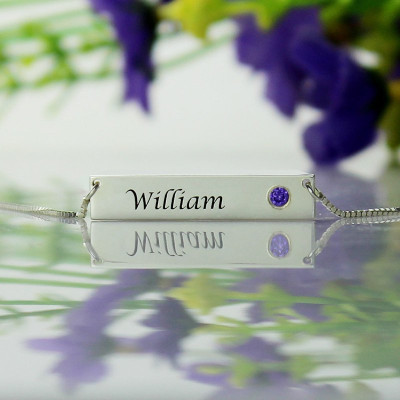 Nameplate Bar Necklace with Birthstone Silver - Handmade By AOL Special