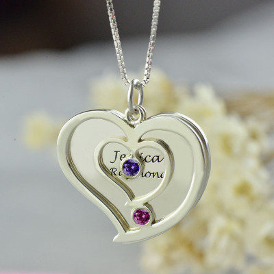 Personalized Couples Birthstone Heart Name Necklace - Handmade By AOL Special