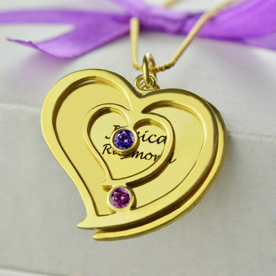 His Her Birthstone Heart Name Necklace 18ct Gold Plated - Handmade By AOL Special