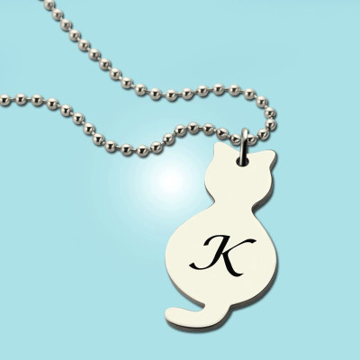 Personalized Tiny Cat Initial Pendant Necklace Silver - Handmade By AOL Special