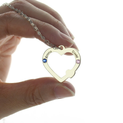 Double Name Open Heart Necklace with Birthstone Sterling Silver - Handmade By AOL Special