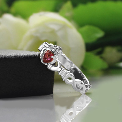 Ladies Claddagh Rings With Birthstone Name White Gold Plated Silver - Handmade By AOL Special