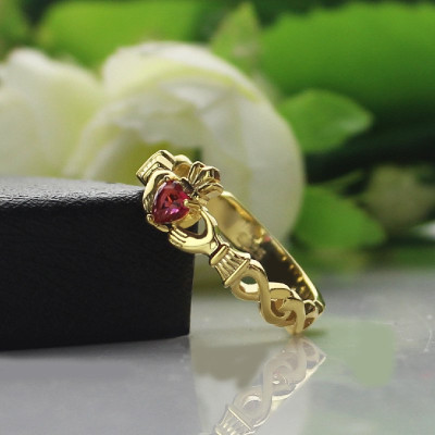 Ladies Modern Claddagh Rings With Birthstone Name Gold Plated - Handmade By AOL Special