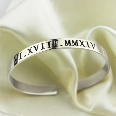 Personalized Roman Numeral Date Cuff Bracelet Sterling Silver - Handmade By AOL Special