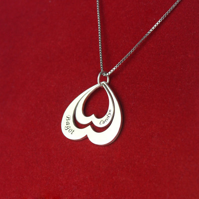 Double Heart Pendant With Names For Her Sterling Silver - Handmade By AOL Special