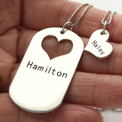Couples Name Dog Tag Necklace Set with Cut Out Heart - Handmade By AOL Special