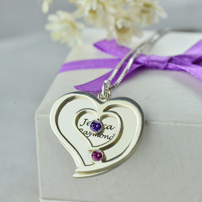 Personalized Couples Birthstone Heart Name Necklace - Handmade By AOL Special
