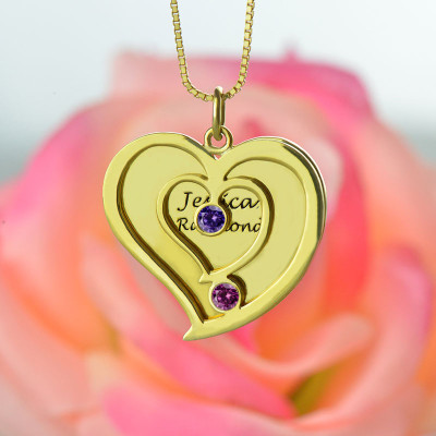 His Her Birthstone Heart Name Necklace 18ct Gold Plated - Handmade By AOL Special