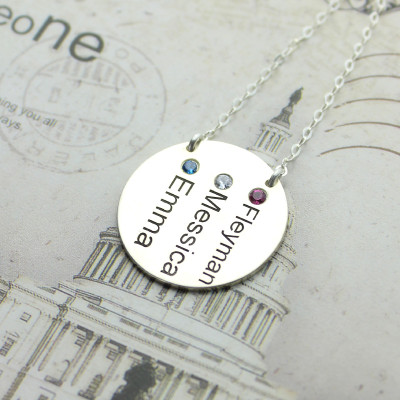 Disc Necklace With Names Birthstones Silver - Handmade By AOL Special