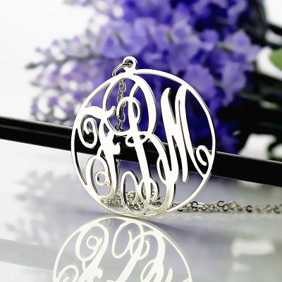 Personalized 18ct White Gold Plated Vine Font Circle Initial Monogram Necklace - Handmade By AOL Special