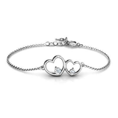 Sterling Silver Double Heart With Two Stones Bracelet - Handmade By AOL Special