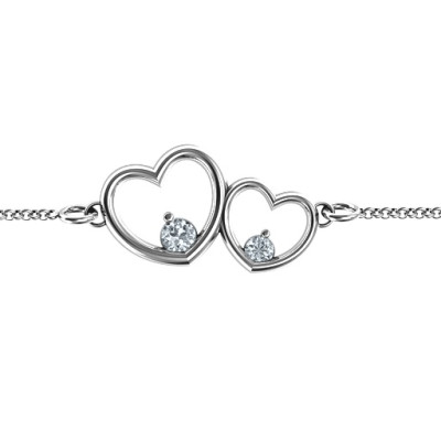 Sterling Silver Double Heart With Two Stones Bracelet - Handmade By AOL Special