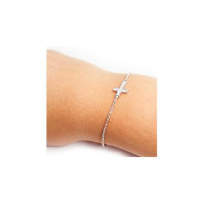 Sterling Silver Shimmering Cross Bracelet With Cubic Zirconia Accent Stones - Handmade By AOL Special
