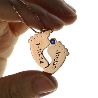 Engraved Baby Feet Imprint Necklace with Date Name 18ct Rose Gold Plated - Handmade By AOL Special
