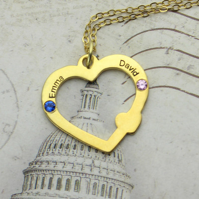 18ct Gold Open Heart Necklace with Double Name Birthstone - Handmade By AOL Special