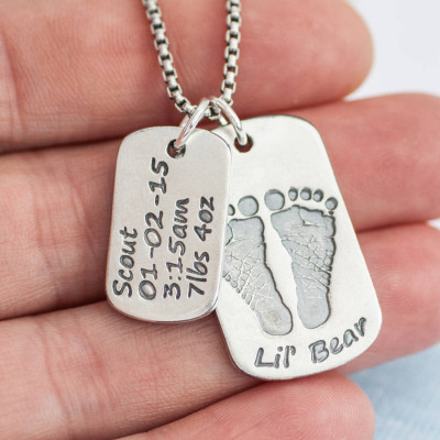 Dog Tag With Baby Prints And Birth Info Necklace - Two Pendants - Handmade By AOL Special