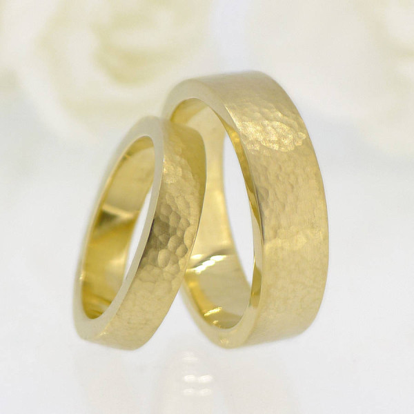 His And Hers Hammered Wedding Ring 18ct Gold Set - Handmade By AOL Special