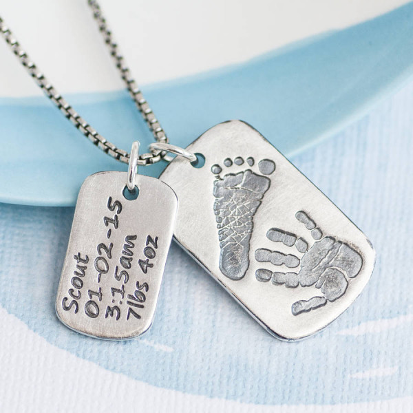 Dog Tag With Baby Prints And Birth Info Necklace - Two Pendants - Handmade By AOL Special