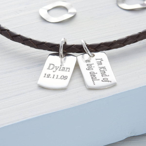 Personalized Silver Mini Dog Tag Leather Necklace - Handmade By AOL Special