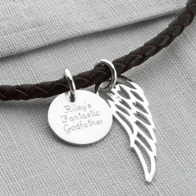 Personalized Silver Wing And Disc Leather Necklet - Handmade By AOL Special