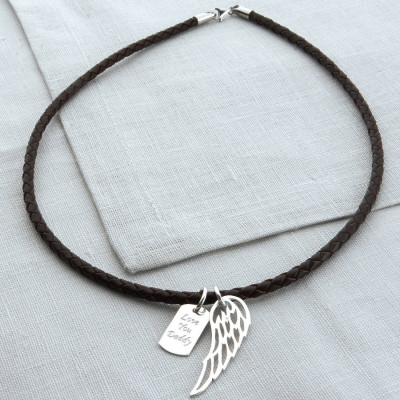Personalized Silver Wing And Dogtag Leather Necklet - Handmade By AOL Special