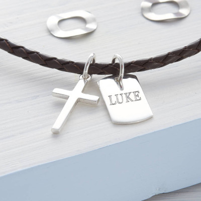 Personalized Silver Cross And Tag Leather Necklet - Handmade By AOL Special