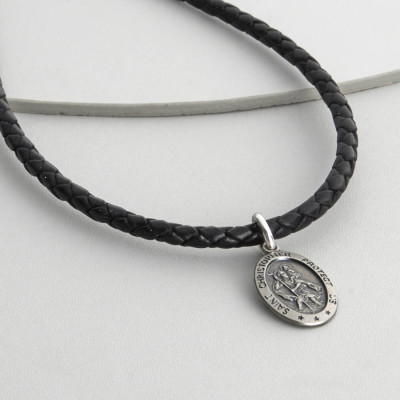 Mens Personalized Woven Leather St Christopher Necklet - Handmade By AOL Special