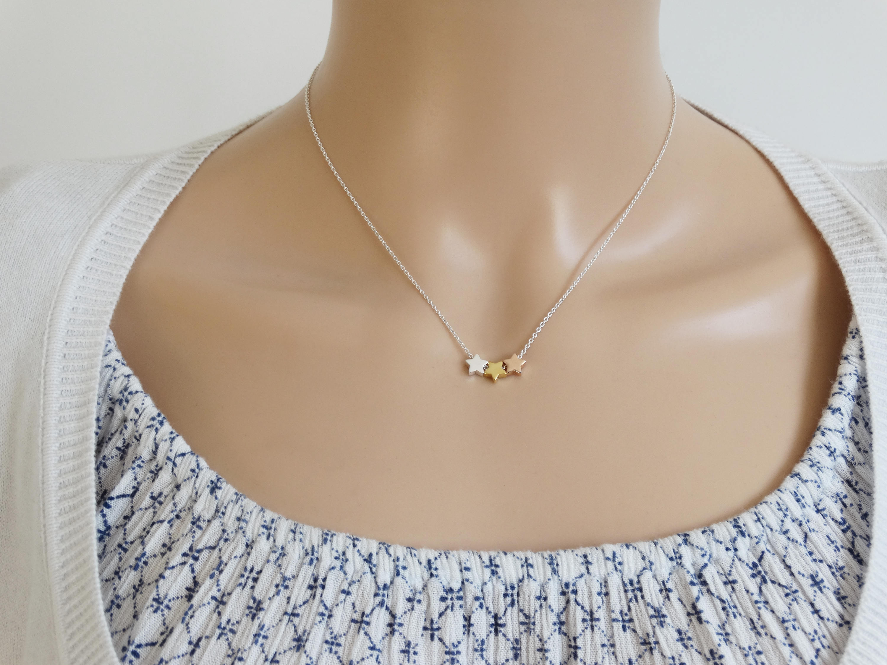 3 Stars Necklace, Sterling Silver, Gold &amp; Rose Gold