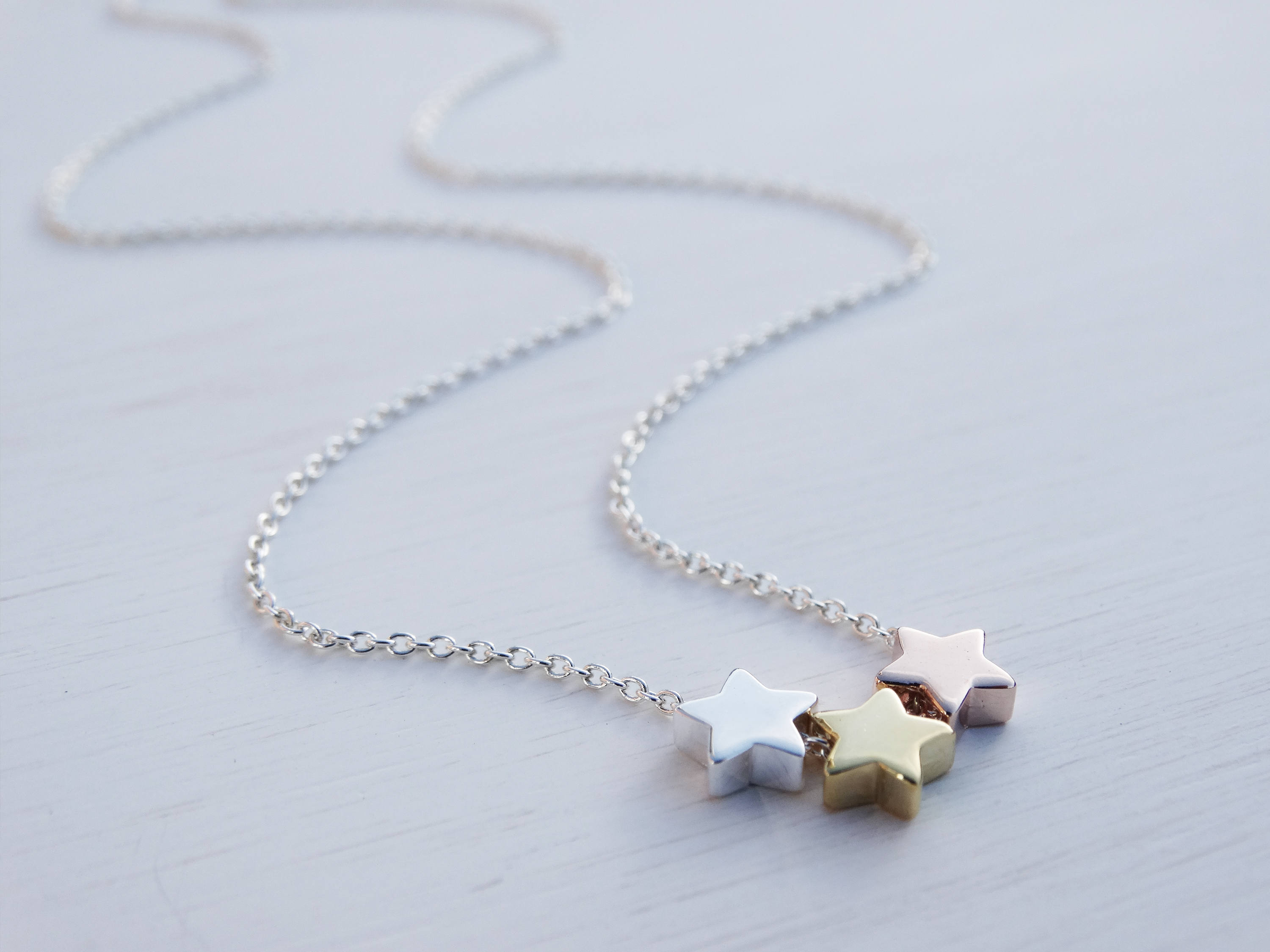 3 Stars Necklace, Sterling Silver, Gold &amp; Rose Gold