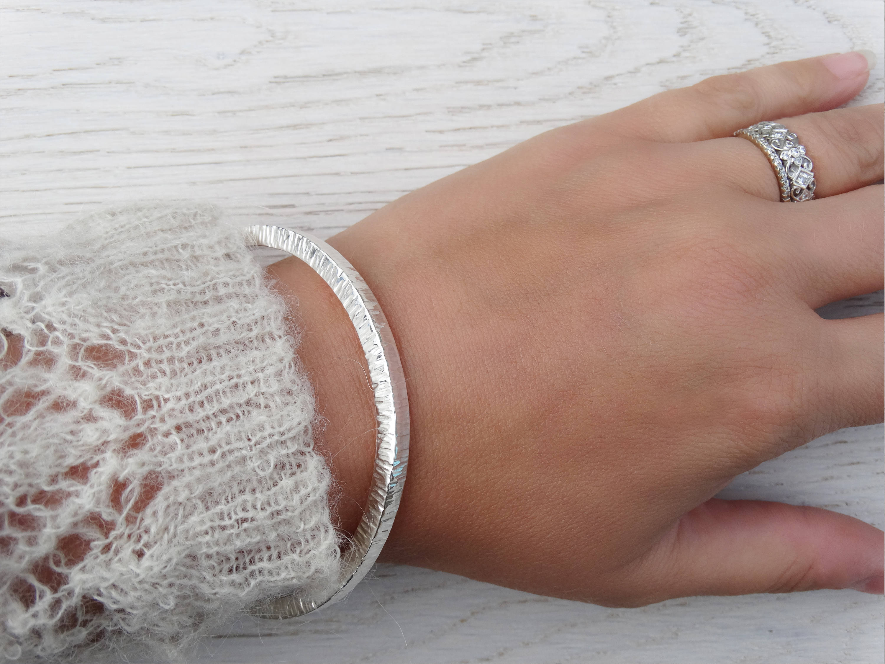 Chunky Silver Bangle - Solid Silver Textured Bangle - Sterling Silver