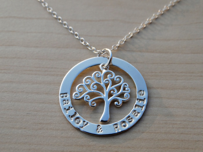 Family Tree Necklace - Silver Circle With Stamped Names &amp; Curly Tree - Sterling Silver
