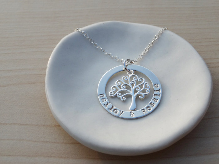 Family Tree Necklace - Silver Circle With Stamped Names &amp; Curly Tree - Sterling Silver