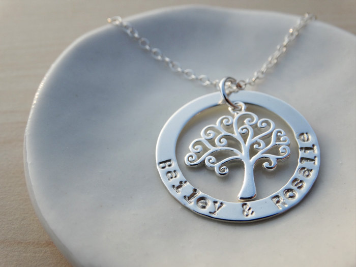 Family Tree Necklace - Silver Circle With Stamped Names &amp; Curly Tree - Sterling Silver