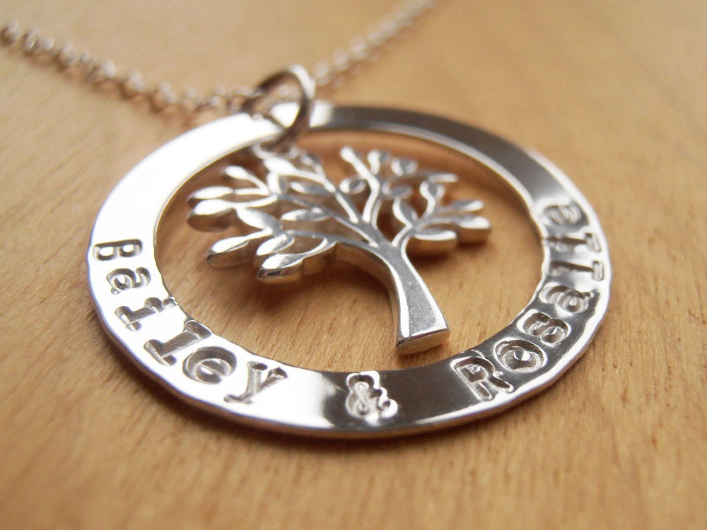 Family Tree Necklace - Silver Circle With Stamped Names &amp; Tree - Sterling Silver