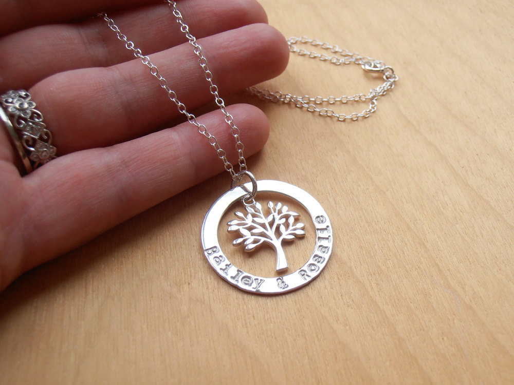 Family Tree Necklace - Silver Circle With Stamped Names &amp; Tree - Sterling Silver