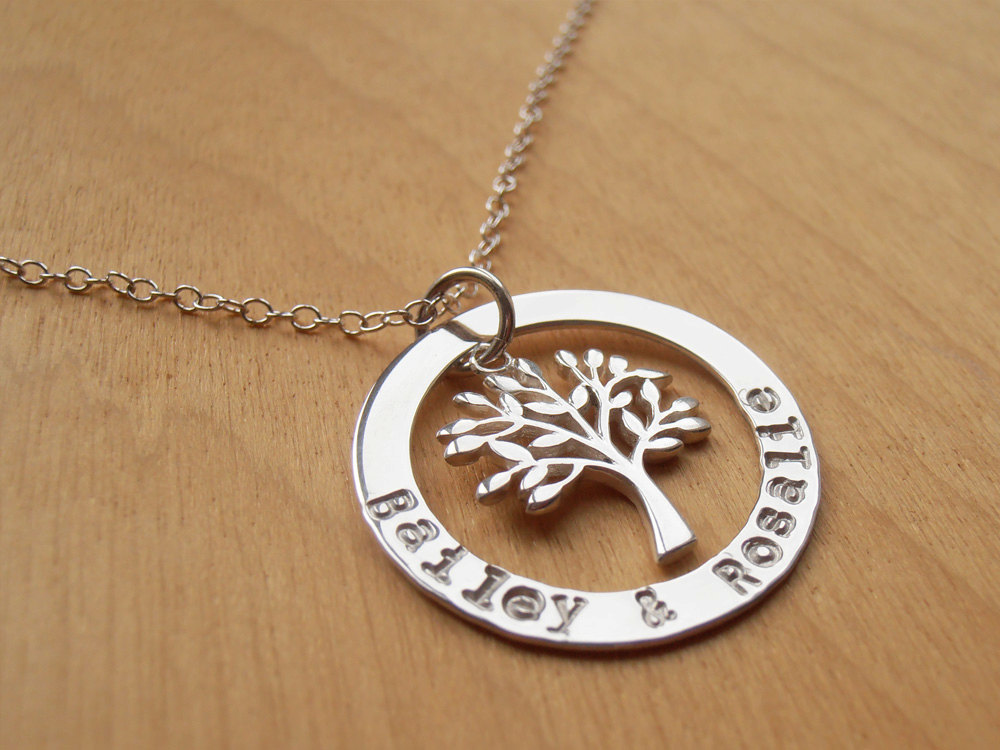 Family Tree Necklace - Silver Circle With Stamped Names &amp; Tree - Sterling Silver