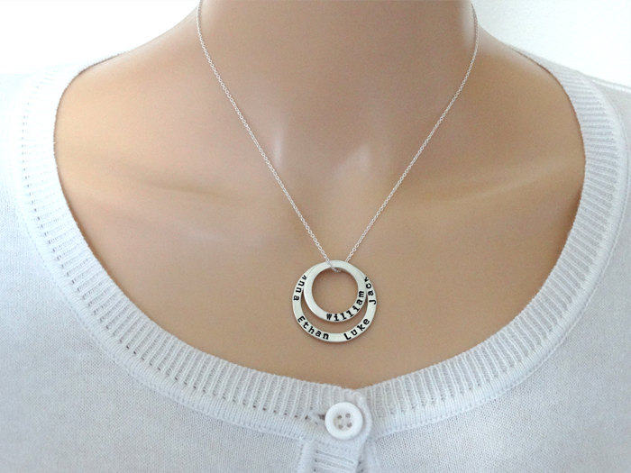 Personalised Double Silver Circle Necklace With Hand Stamped Names - Sterling Silver