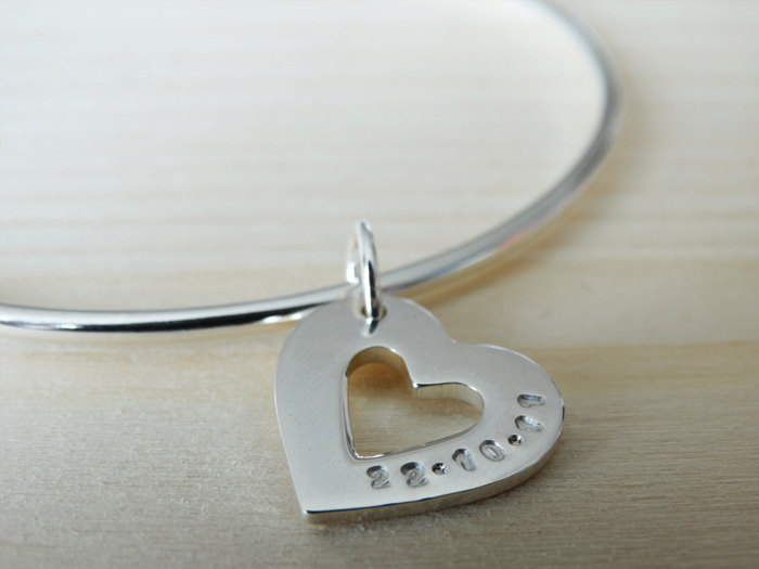 Personalised Silver Heart Bangle - Sterling Silver
