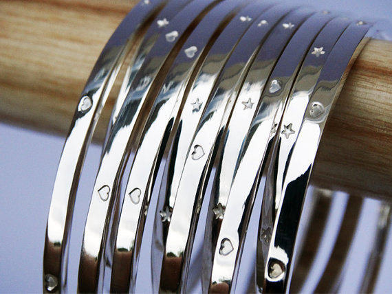 Silver Bangle With Tiny Hearts - Sterling Silver