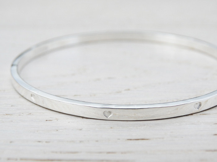 Silver Bangle With Tiny Hearts - Sterling Silver