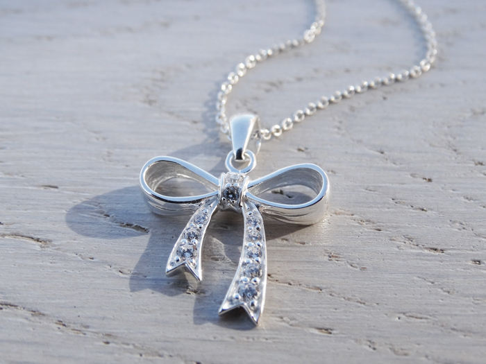 Silver Bow Necklace With Cubic Zirconia - Sterling Silver