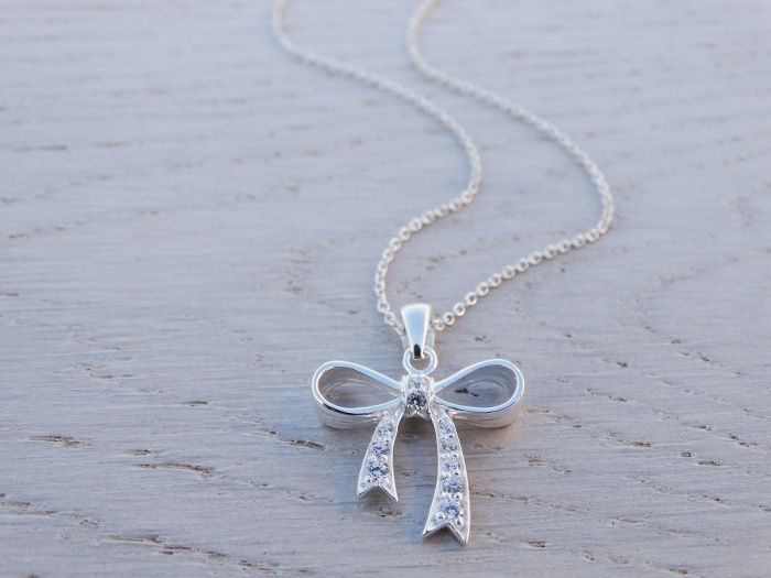Silver Bow Necklace With Cubic Zirconia - Sterling Silver