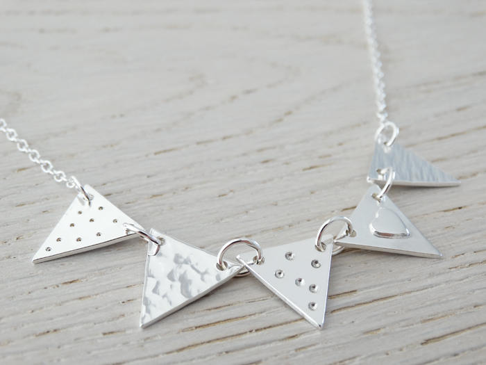 Silver Bunting Necklace, Heart, 5 Flags, Sterling Silver