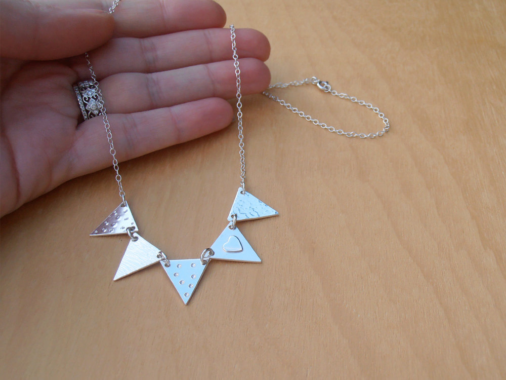Silver Bunting Necklace, Heart, 5 Flags, Sterling Silver