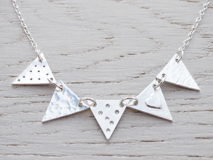 Silver Bunting Necklace, Heart, 5 Flags, Sterling Silver