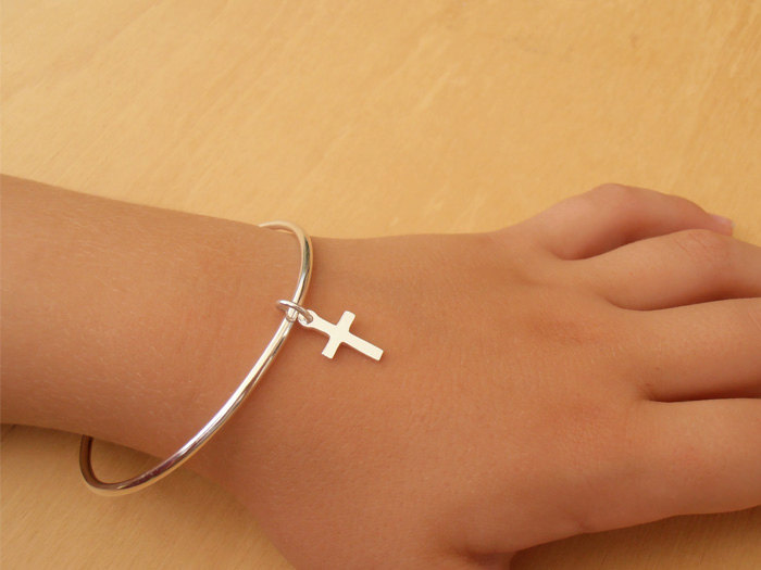 Silver Christening Bracelet - Sterling Silver Children's Bangle With Cross