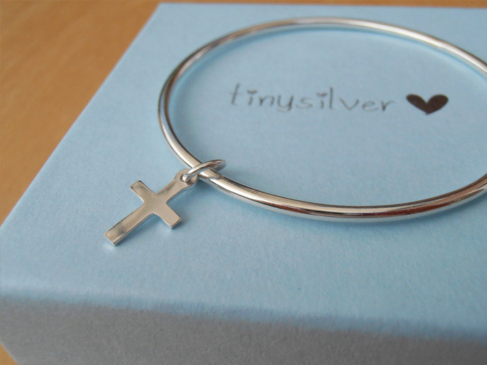 Silver Christening Bracelet - Sterling Silver Children's Bangle With Cross