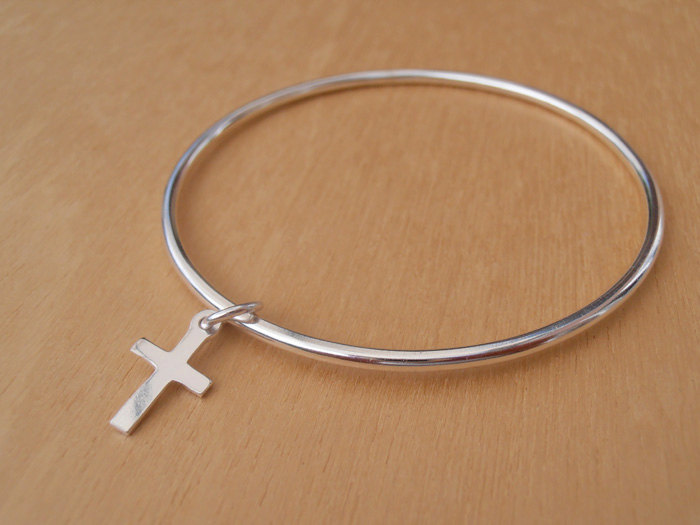 Silver Christening Bracelet - Sterling Silver Children's Bangle With Cross
