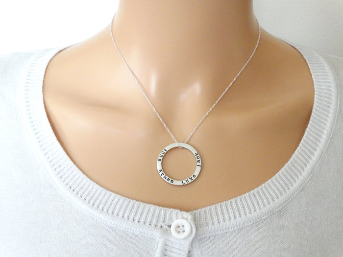 Silver Circle Necklace With Hand Stamped Names - Personalised Necklace - Sterling Silver